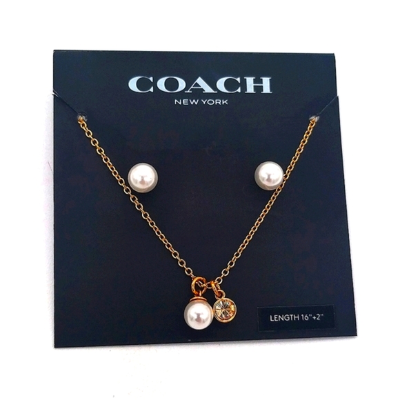 COACH Glass Pearl and Pave CZ Necklace Earrings set in Gold NWT $125 - Picture 1 of 6